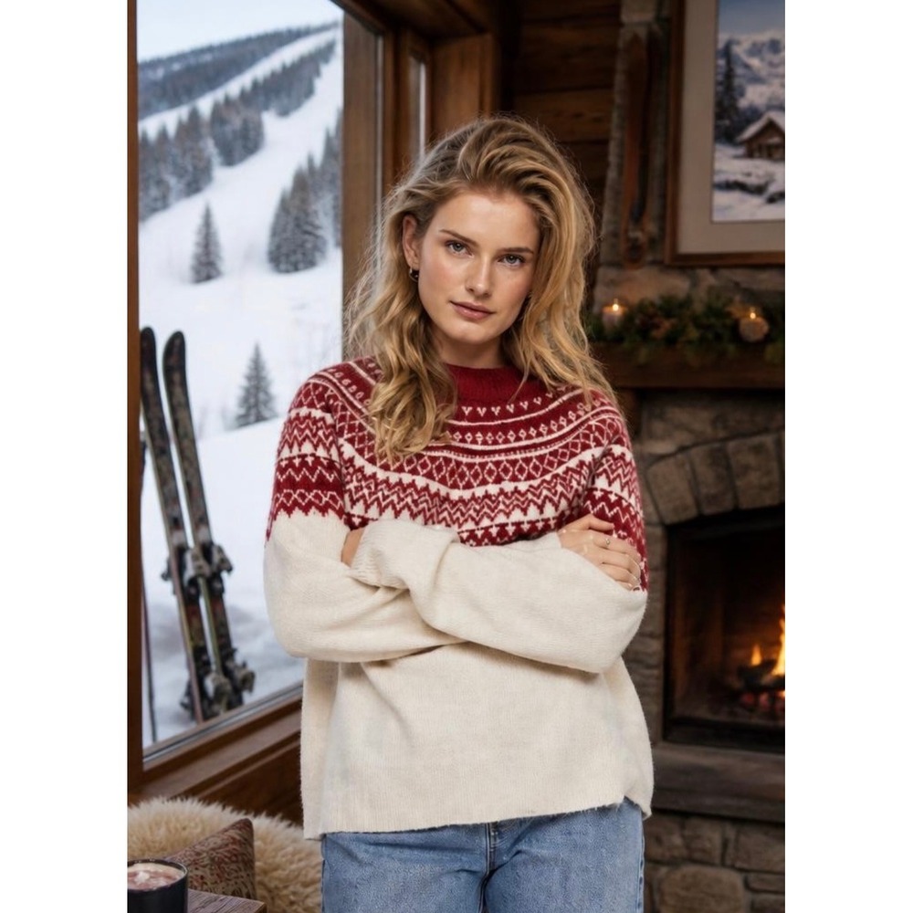 HM Womens Fair Isle Knit Sweater Red Cream Wool Blend Pullover Medium 1118679 6